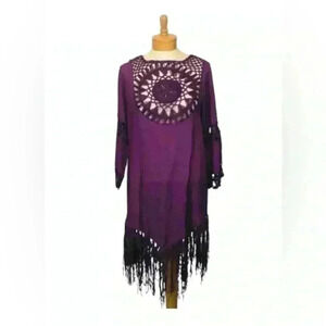 NWT Eggplant Purple Crochet Fringe Boho Swim Beach Resort Cover Up size small